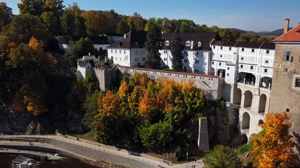 Aerial View of Cesky Krumlov Castle Bridge