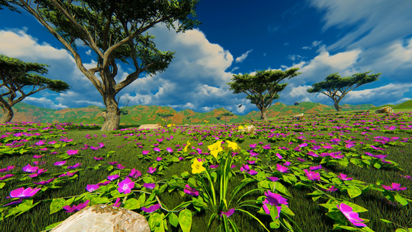Green Field With Beautiful  Flowers