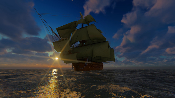 Large Sailing Ship At Sunset