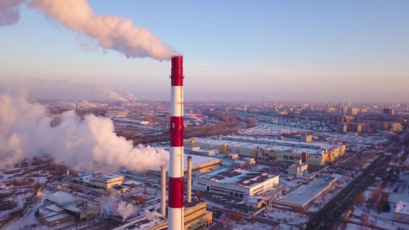 Smoking Chimney on Industrial Plant Aerial Landscape. Drone View Smokestacks on Industrial Area