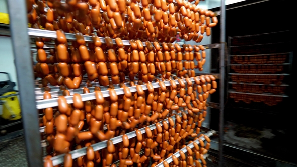 Industrial Sausages Production Process at Meat and Sausage Making Plant