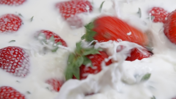 Ripe Strawberry Falling in Milk. Summer Berries in White Cream