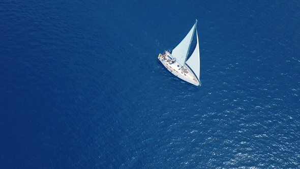 Yacht Sailing on Opened Sea. Sailing Boat. Yacht From Drone. Yachting Video. Yacht From Above