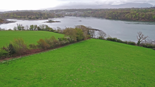 Menai Bridge and the Straits at Sunset Isle of Anglesey North Wales