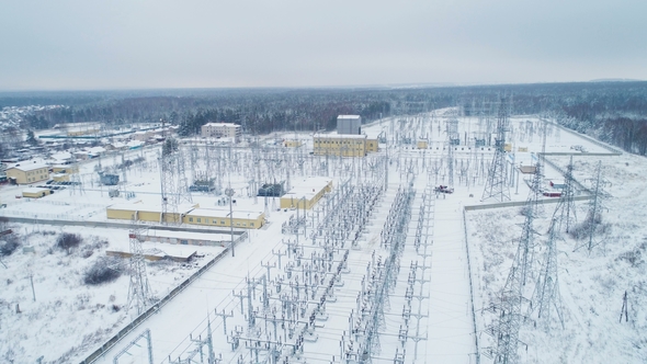 White Territory of Electricity Transmission Substation with Towers