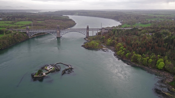 Robert Stephenson Britannia Bridge Carries Road and Railway Across the Menai Straits Between