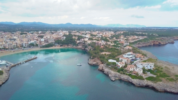 Aerial View Landscape of the Beautiful Bay of Cala Anguila with a Wonderful Turquoise Sea, Porto