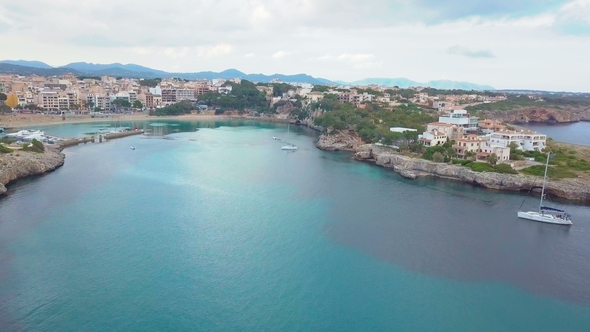 Aerial View Landscape of the Beautiful Bay of Cala Anguila with a Wonderful Turquoise Sea, Porto