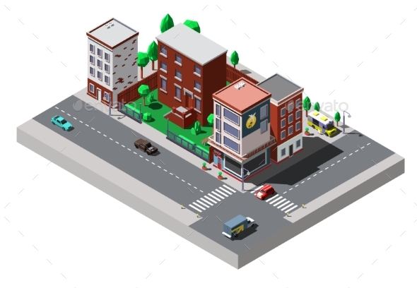 Vector Isometric City Buildings with Cars