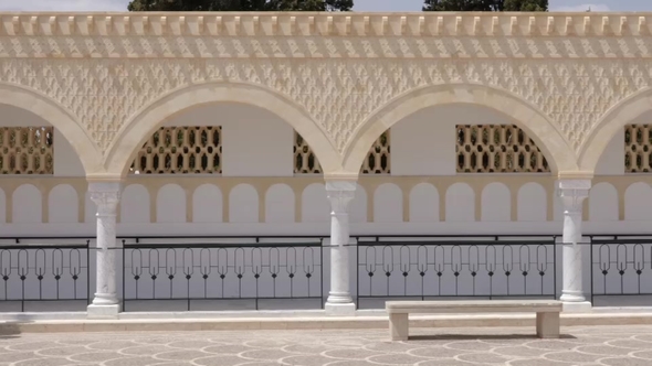 Panorama Rows Columns with Arches on Square Habib Bourguiba in Monastir Tunisia. Dolly Shot Exterior