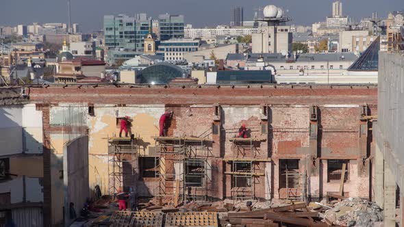 Bricklayers Laying Bricks to Repair Old Walls Timelapse