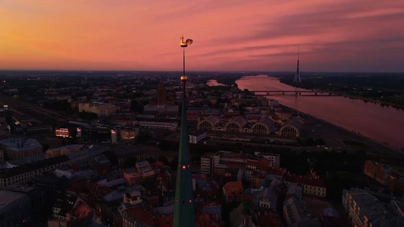 Aerial View Amazing Old Town Center During Scenic Vivid Sunrise