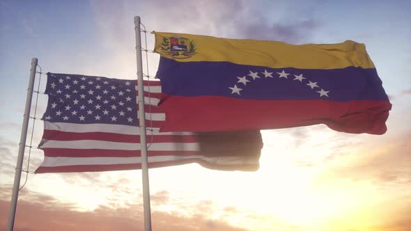 Venezuela and United States Flag on Flagpole