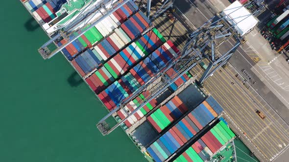 Top view of cargo ship in the port in Hong Kong