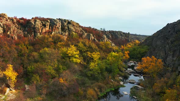 A Picturesque Stream Flows in the Aktovsky Canyon Surrounded By Autumn Trees and Large Stone