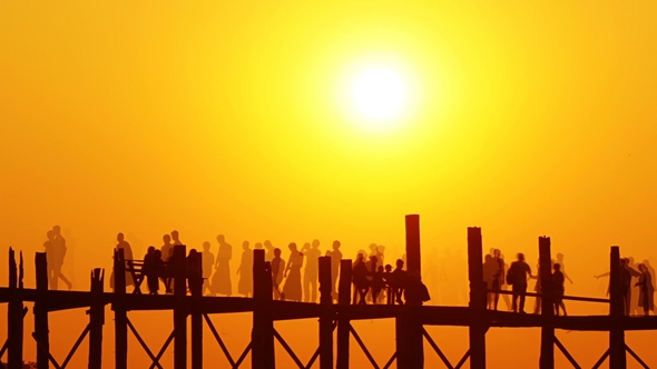 U-Bein Teak Bridge at Sunset on Lake, Mandalay