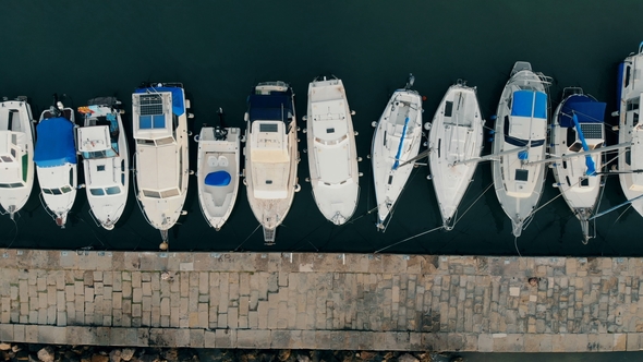 Top View of a Straight Line of Yachts Moored To the Docks