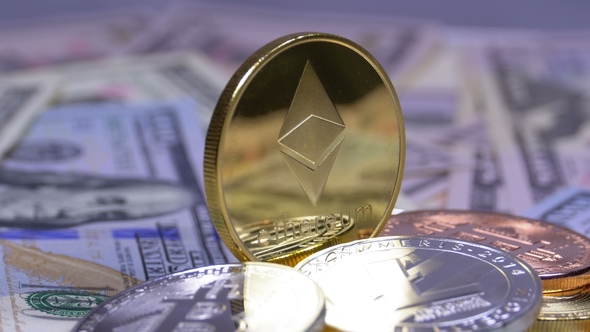 Gold Ethereum Coin, ETH and Bills of Dollars Are Rotating