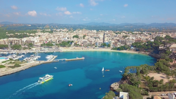 Aerial View Landscape of the Beautiful Bay of Cala Anguila with a Wonderful Turquoise Sea, Porto