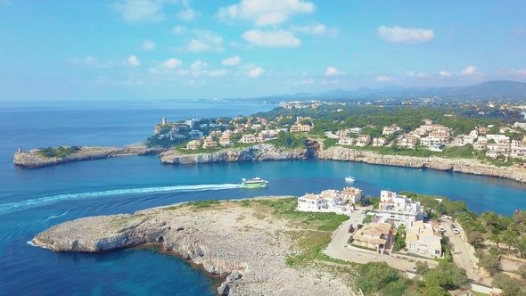 Aerial View Landscape of the Beautiful Bay of Cala Anguila with a Wonderful Turquoise Sea, Porto