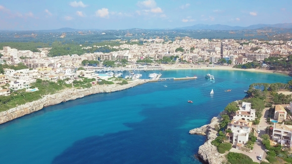 Aerial View Landscape of the Beautiful Bay of Cala Anguila with a Wonderful Turquoise Sea, Porto