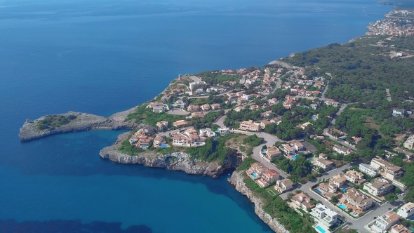 Aerial View Landscape of the Beautiful Bay of Cala Anguila with a Wonderful Turquoise Sea, Porto