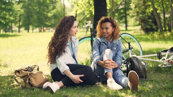 Cheerful Students African American and Caucasian Are Talking and Laughing Sitting in Park on Lawn