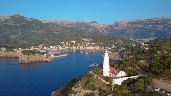 Port De Soller Lighthouse Aerial View, Majorca Mediterranean Sea