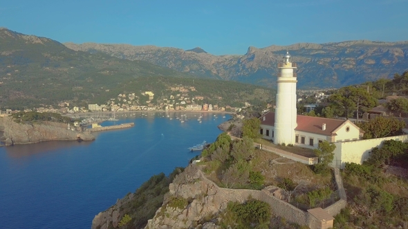 Port De Soller Lighthouse Aerial View, Majorca. Mediterranean Sea