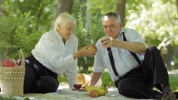 Mature Couple Has a Picnic with Wine and Fruits in Summer Park