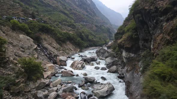 Marsyangdi River flowing down canyon in the Annapurna Mountains