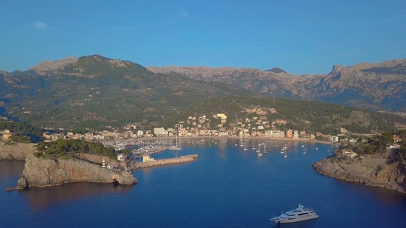 Port De Soller Aerial View, Majorca Mediterranean Sea.