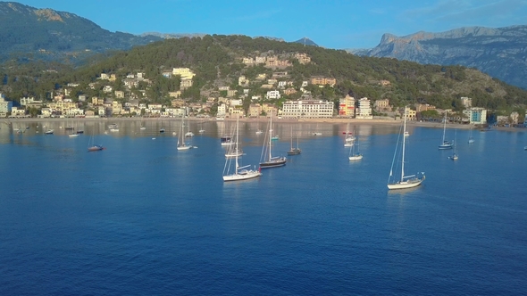 Aerial View. Yacht and Sailboats Moored at the Quay