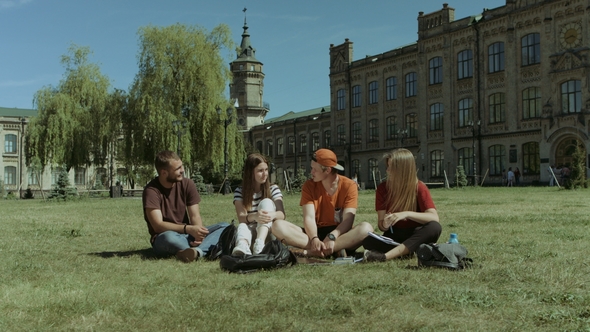 Cheerful Group of Students Chatting on Campus Lawn