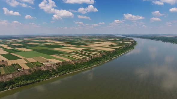 Aerial View of Fields on High Bank of Danube River