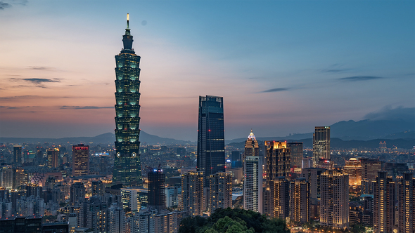 Taipei, Taiwan, Timelapse  - Medium shot of Taipei's downtown from day to night