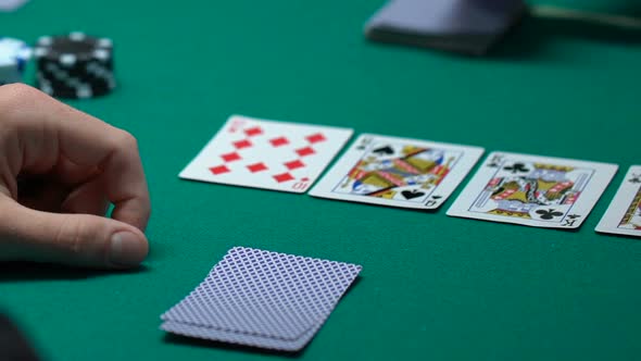 Lucky Gambler Checking Cards, Winning Combination in Poker, Ace-High Straight
