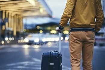 iew of young man with luggage at night.