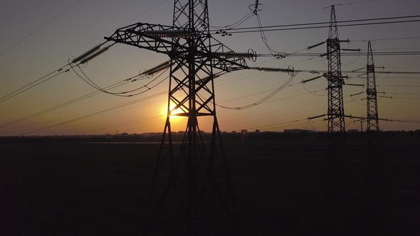 Sunset and High-voltage Power Pylon