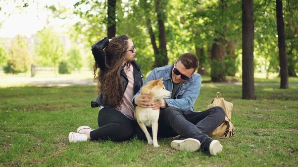 Excited Young People Loving Couple Are Fussing Cute Dog Shiba Inu Scratching Its Fur