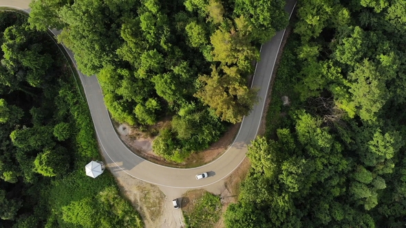 Aerial View of White Car Driving on Country Road in Forest
