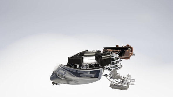 VR 360 Camera Moving Above Detailed Car Engine and Other Parts or the Car alt