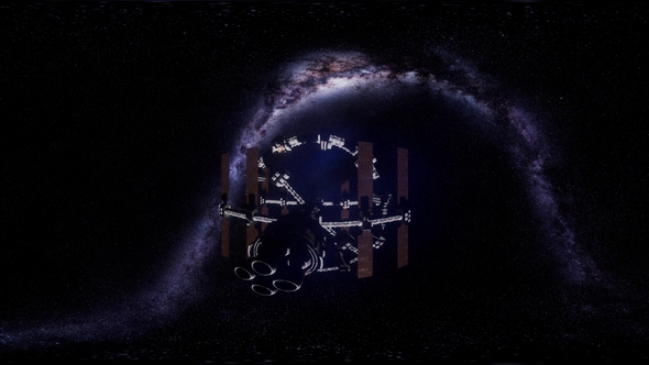 VR 360 Futuristic Spaceship Flying in Space with Mily Way alt