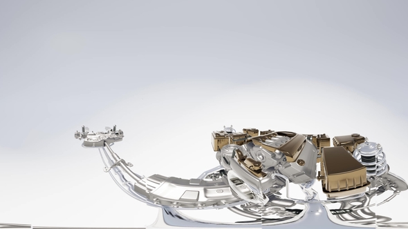 VR 360 Camera Moving Above Detailed Car Engine and Other Parts or the Car alt