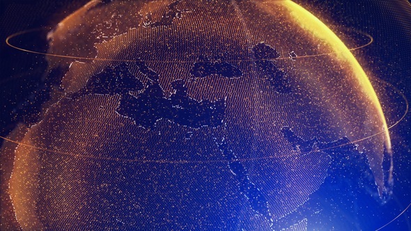 Digital Orange Shinny Globe of Earth Rotation for News Intro