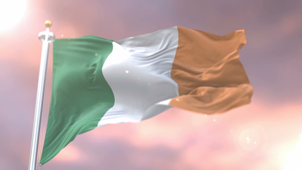 Flag of Ireland Waving at Sunset