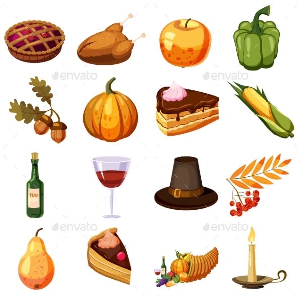 Thanksgiving Day Icons Set, Cartoon Style
