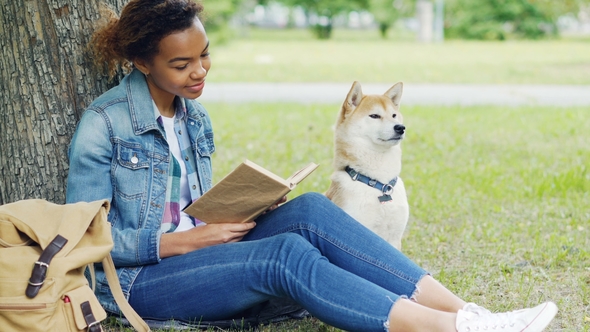 Kind Mixed Race Woman Is Reading Book in Park and Stroking Her Dog Sitting on Lawn Under Tree
