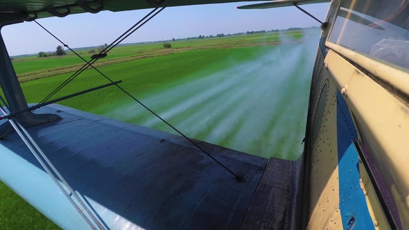 Agricultural Aviation. Agricultural Aircraft Sprays Chemicals Rice Field