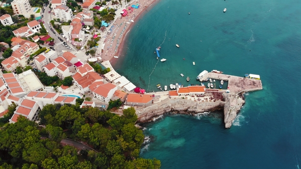 Aerial View of Old Town on Adriatic Coast, Montenegro, Petrovac